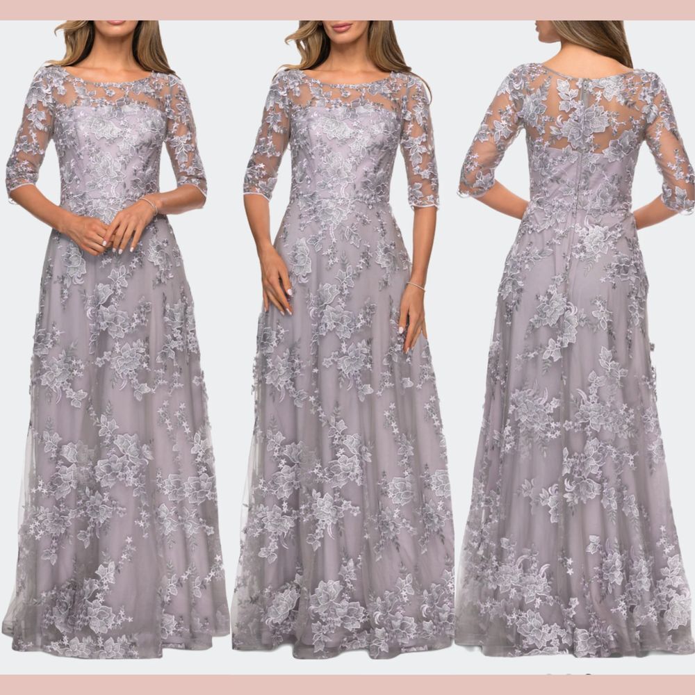 NEW $639 La Femme [  8 ] Embroidered Quarter‎ Sleeve Gown in Lavender Grey